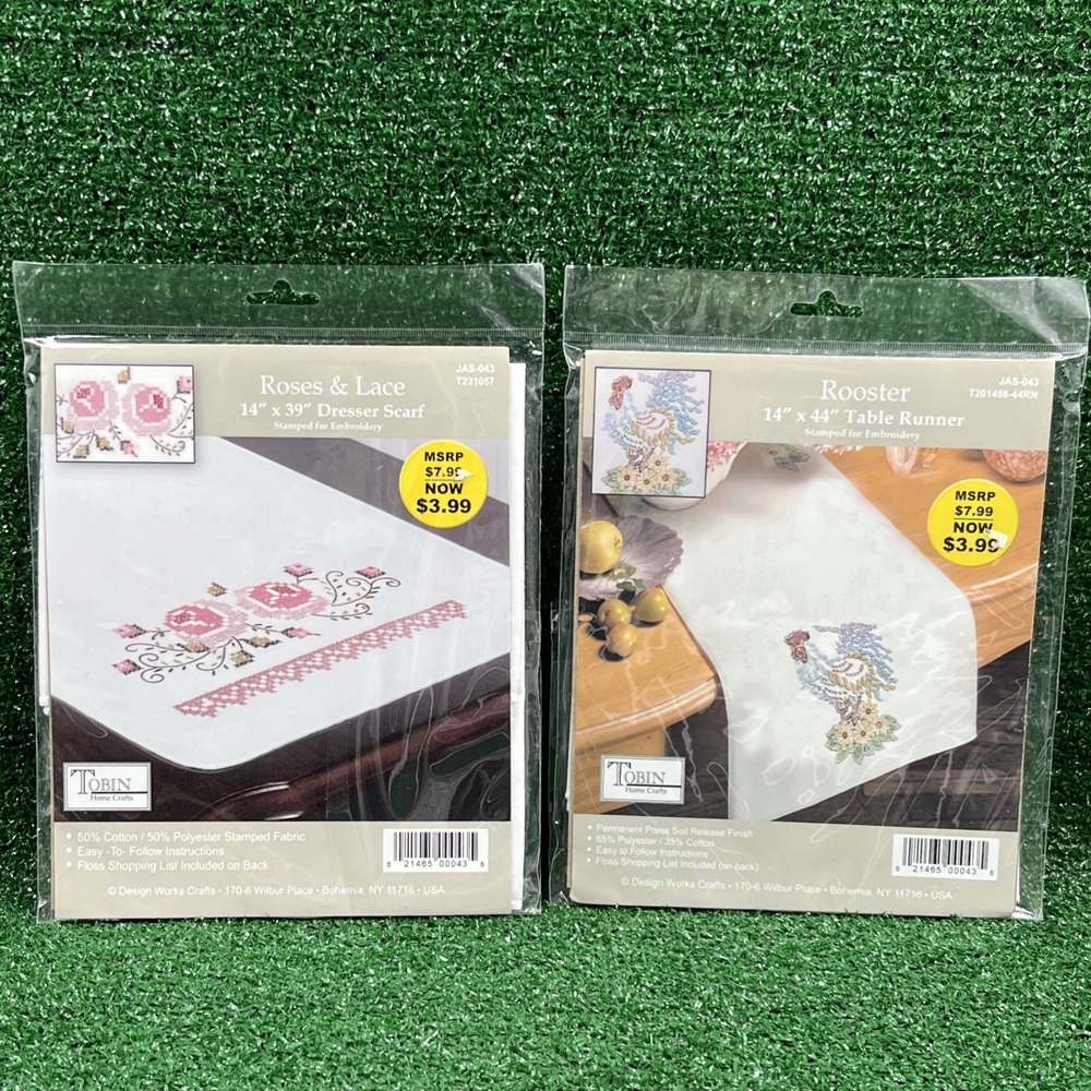 Tobin Home Craft Lot Of 2 Stamped Embroidery Rooster & Roses & Lace New Sealed‎